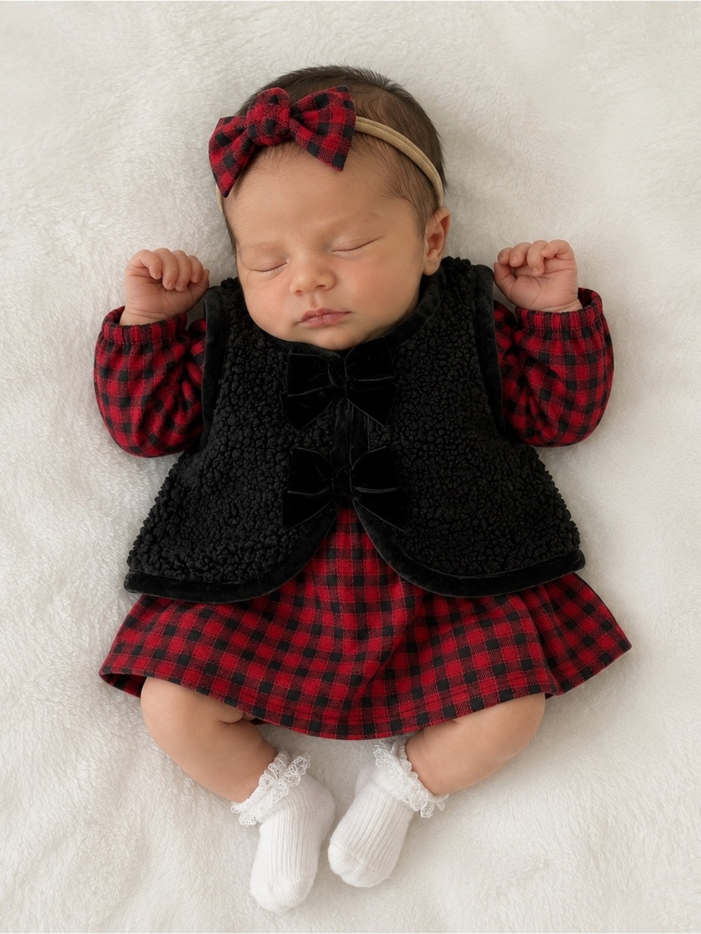Carter’s Newborn Girl 3 Pc Plaid Dress Black Sherpa Vest Bloomer Set NWT